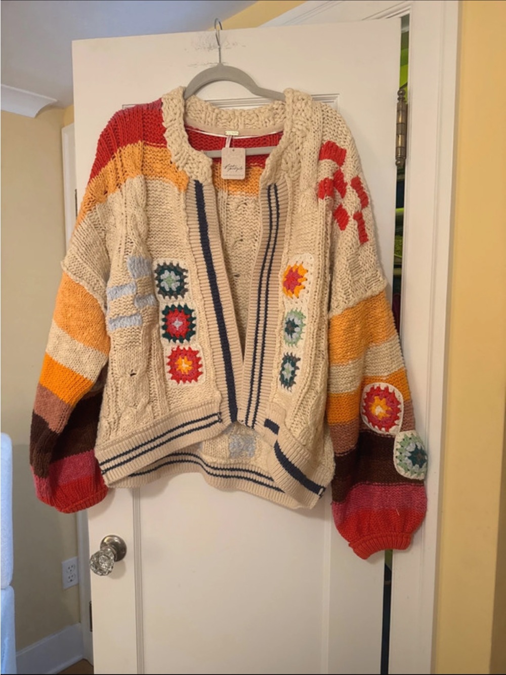 Free People Hand-Knit Cream Multicolor Patchwork Cardigan Sweater